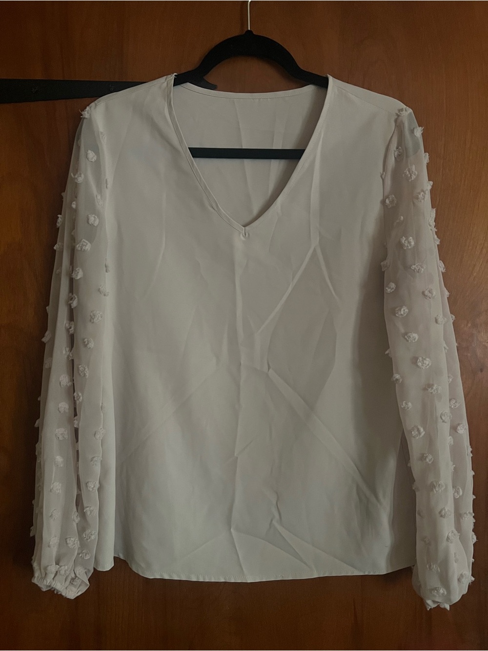 SHEIN White V-Neck Blouse with Textured Sheer Puff Sleeves